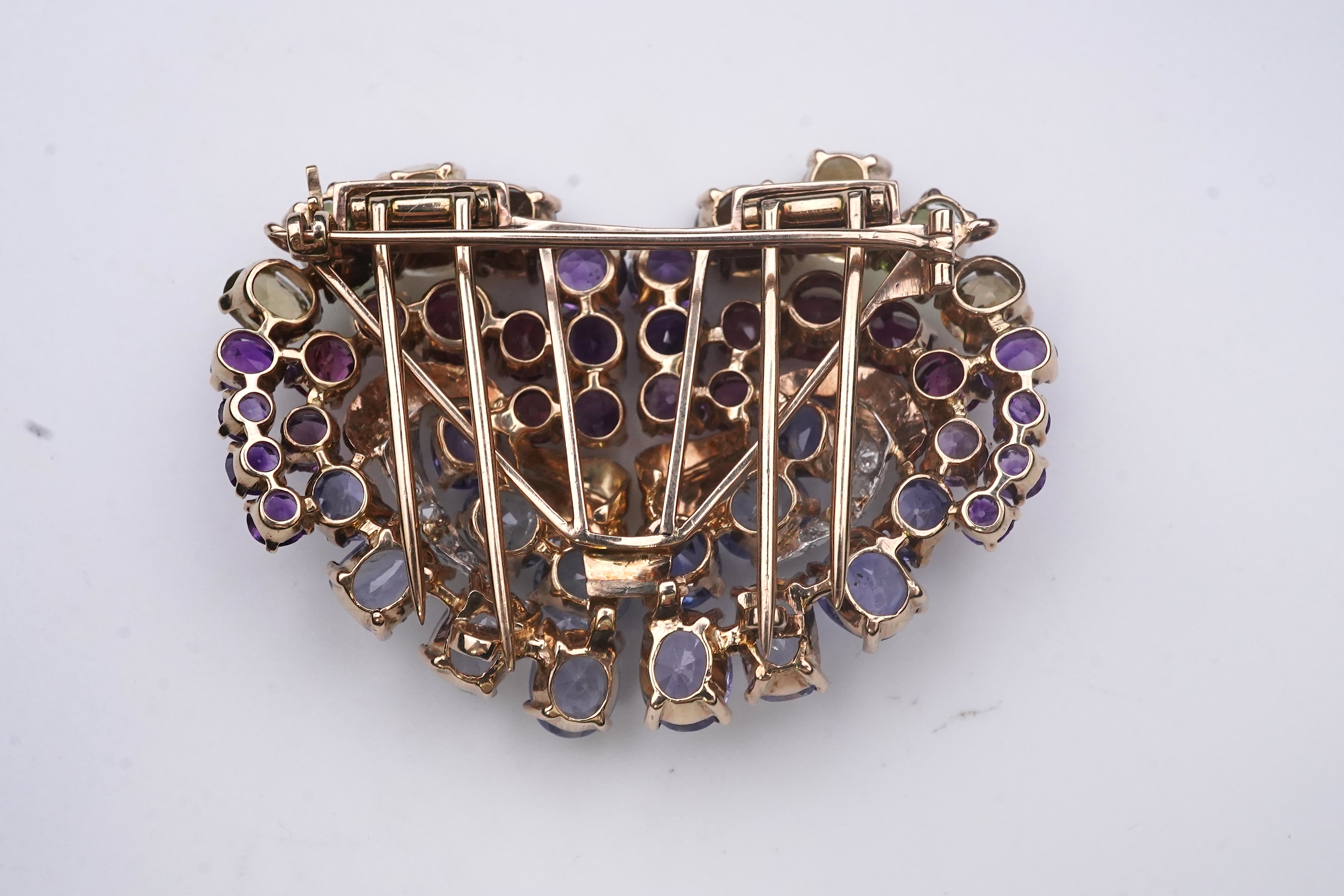 A Retro sapphire and multi-gem double clip brooch, circa 1940